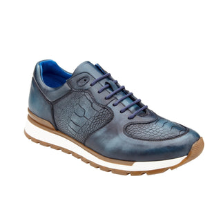 Belvedere Bobo G01 Men's Shoes Blue Safari Exotic Ostrich / Calf-Skin Leather Lace-Up Sneakers (BV3119)-AmbrogioShoes