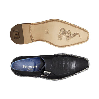 Belvedere Falcon Men's Shoes Black Caiman Crocodile & Calf-Skin Leather Monkstraps Loafers B05 (BV2858)-AmbrogioShoes
