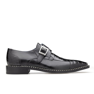 Belvedere Falcon Men's Shoes Black Caiman Crocodile & Calf-Skin Leather Monkstraps Loafers B05 (BV2858)-AmbrogioShoes