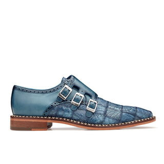 Belvedere Hurricane Men's Shoes Blue Jean Caiman Crocodile Monkstraps Loafers B06 (BV2848)-AmbrogioShoes