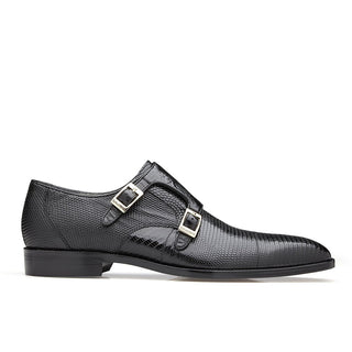 Belvedere Pablo Men's Shoes Black Lizard & Ostrich Monkstraps Loafers R21 (BV2838)-AmbrogioShoes