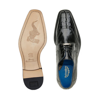 Belvedere Valter 1480 Men's Shoes Black Exotic Caiman Crocodile / Lizard Derby Oxfords (BV3087)-AmbrogioShoes