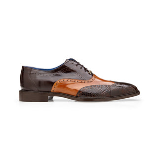 Belvedere Varo R49 Men's Shoes Chocolate & Tan Exotic Alligator / Eel Skin Wingtip Oxfords (BV3114)-AmbrogioShoes