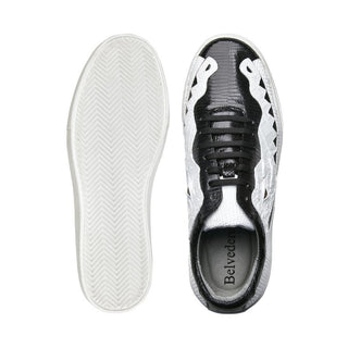 Belvedere Y04 Corona Men's Shoes Black & White Exotic Genuine Crocodile / Lizard Sneakers (BV3031)-AmbrogioShoes