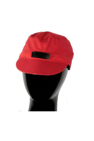 Red water-resistant Burberry army cap with embossed black logo hardware on a mannequin head.