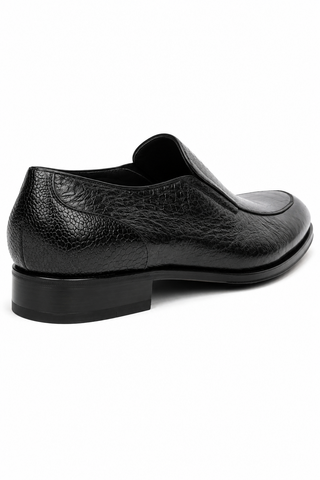 Black Caporicci 3324 slip-on loafer in textured ostrich and peccary leather with a stacked heel and Luigi sole.