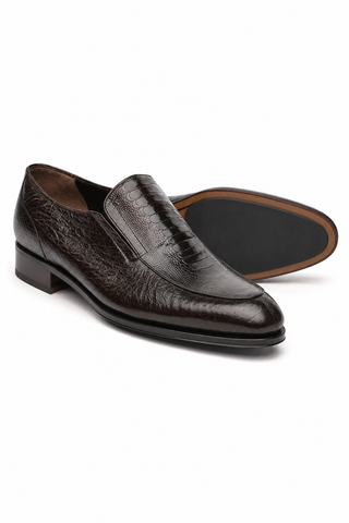 Dark brown Caporicci ostrich and peccary leather slip-on loafer with a Luigi rubber and leather sole.