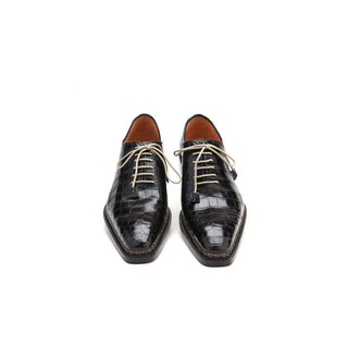 Caporicci Men's Luxury Italian Shoes 1400 Alligator Nero Black Norwegian Construction Oxfords (CAP1104)-AmbrogioShoes