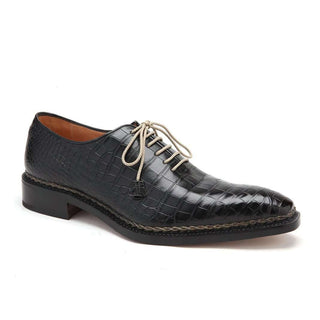 Caporicci Men's Luxury Italian Shoes 1400 Alligator Nero Black Norwegian Construction Oxfords (CAP1104)-AmbrogioShoes