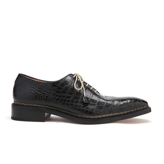 Caporicci Men's Luxury Italian Shoes Black Alligator Oxfords ART1400 (CAP1035)-AmbrogioShoes