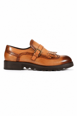 Cesare Paciotti two-tone camel and brown Tamponato leather loafers with gold buckle, fringe detail, and rubber lug sole.