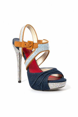Cesare Paciotti Denim & Suede with Crystals Platform Sandals (CPWCRY629)