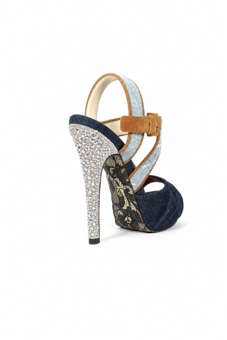 Cesare Paciotti Denim & Suede with Crystals Platform Sandals (CPWCRY629)