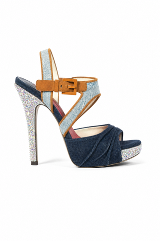 Cesare Paciotti Denim & Suede with Crystals Platform Sandals (CPWCRY629)