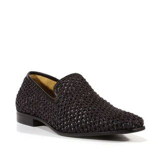 Cesare Paciotti Luxury Italian Mens Shoes Intrc Rafia Black Leather Loafers (CPM3121)-AmbrogioShoes