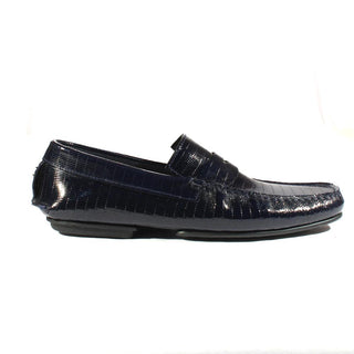 Cesare Paciotti Luxury Italian Mens Designer Shoes Navy Textured Patent Moccasins (CPM2348)