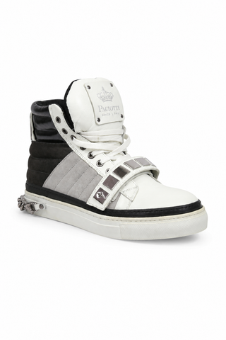 Cesare Paciotti Luxury Italian Men's Designer Shoes White Nappa Bianco Cam Gray Leather / Suede Sneakers (CPM3033)
