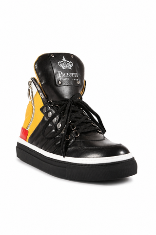 Cesare Paciotti Luxury Italian Men's Italian Nappa Black Curry Bian High-Top Sneakers (CPM4004)