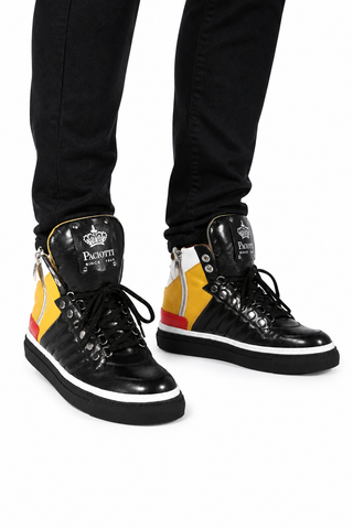 Cesare Paciotti Luxury Italian Men's Italian Nappa Black Curry Bian High-Top Sneakers (CPM4004)