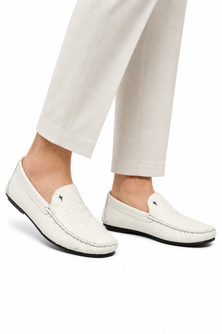 Cesare Paciotti Luxury Italian Men's Struzzo Ostrich Skin Bianco White Moccassins (CPM5369)