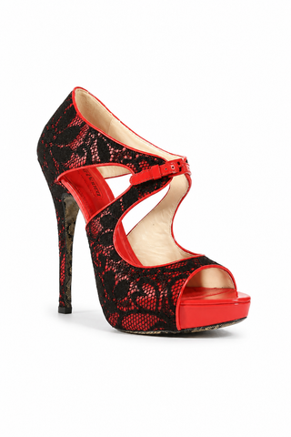 Cesare Paciotti Red Black Lace Patent Platform Sandals (CPW627)