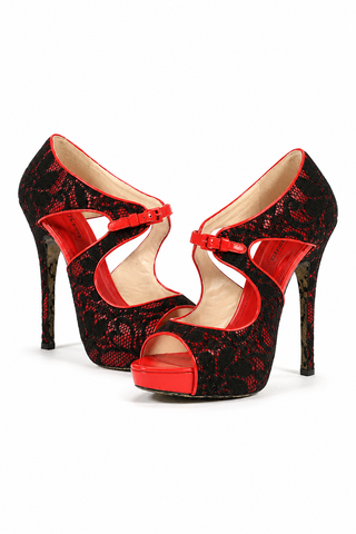 Cesare Paciotti Red Black Lace Patent Platform Sandals (CPW627)