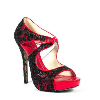 Cesare Paciotti Strassed Shoes Red / Black Lace Patent Platform Sandals (CPWCRY627)-AmbrogioShoes