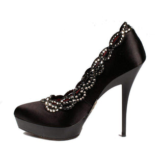$1060 Cesare Paciotti Womens Shoes Black Satin High-Heel Pumps w/ Swarovski Elements (CPW710)-AmbrogioShoes