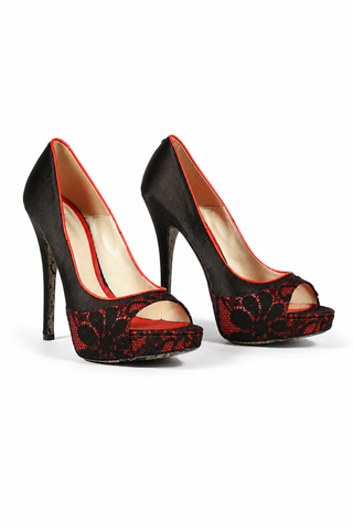 Cesare Paciotti Women's Designer Shoes Red Black Lace Satin Leather Sandals (CPW638)