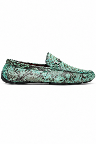 Aqua python skin loafer with silver horse-bit detail and a durable black rubber sole.