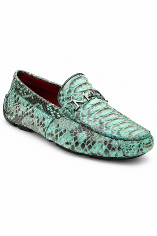 Aqua python skin loafer with silver horse-bit detail and red interior lining.