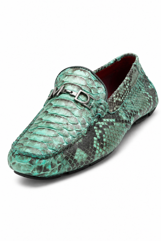 Aqua python skin men's loafer with signature silver horse-bit hardware and a round toe design.