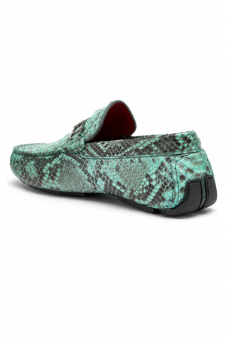 Aqua python skin horse-bit loafer with a round toe and durable rubber sole.