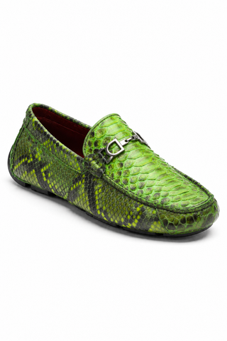 Green python skin loafer with silver horse-bit hardware and a round toe, featuring a durable rubber sole.