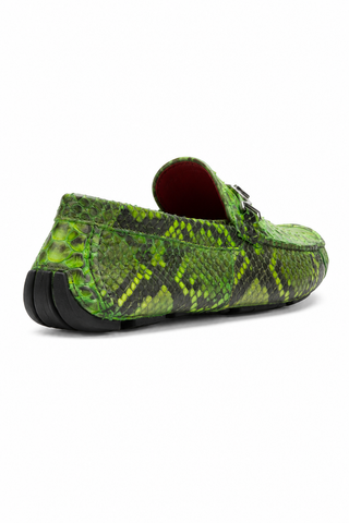 Marco Di Milano green python skin loafer with signature silver horse-bit hardware and a durable black rubber sole.