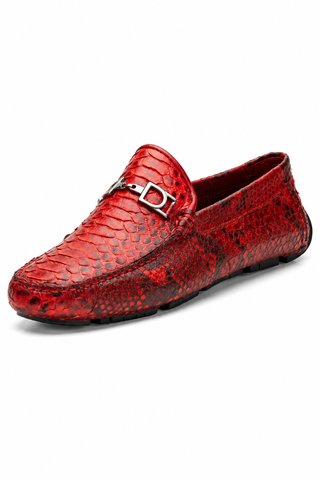 Marco Di Milano red python skin loafer with silver horse-bit hardware and a durable rubber sole.