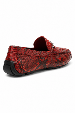 Marco Di Milano red python skin loafer with silver horse-bit detail and black rubber sole.