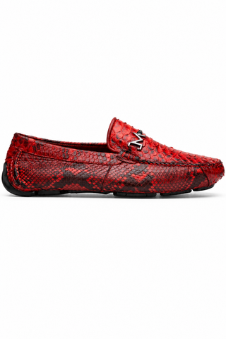 Marco Di Milano red python skin loafer with silver horse-bit hardware and a durable black rubber sole.