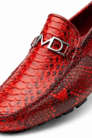 Marco Di Milano red python leather loafer featuring a silver MD logo horse-bit detail and hand-finished texture.