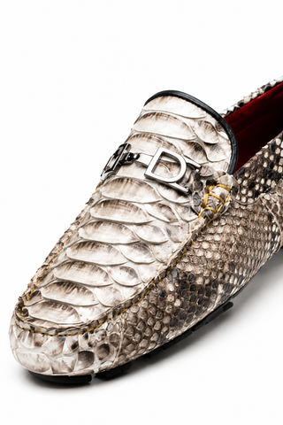 Marco Di Milano natural python skin loafer with silver horse-bit hardware and red leather interior lining.