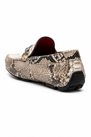 Marco Di Milano natural python skin loafer with horse-bit detail and black rubber sole.