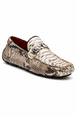 Marco Di Milano natural python skin loafer with silver horse-bit hardware and red interior lining.
