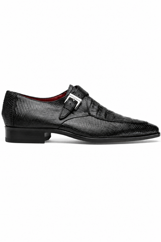 Black Marco Di Milano Toluca single monk-strap shoe in crocodile and lizard skin with a chrome buckle.