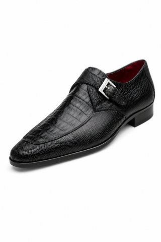 Black Marco Di Milano single monk-strap shoe in crocodile and lizard skin with a chrome buckle and red interior lining.