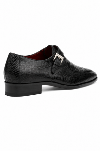 Black Marco Di Milano single monk-strap shoe in crocodile and lizard skin with a chrome buckle and leather sole.