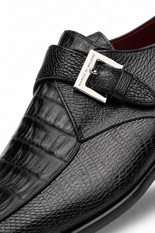 Black Marco Di Milano monk-strap shoe in crocodile and lizard skin with a chrome buckle and red leather lining.