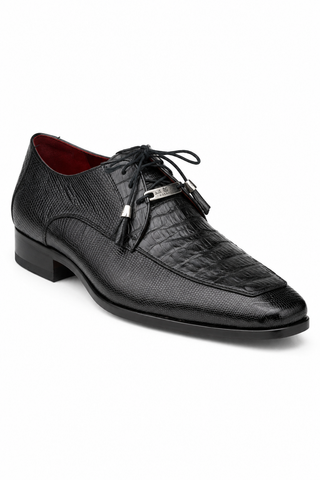 Black Marco Di Milano Merida derby shoe in crocodile and lizard skin with tasseled laces and a red leather lining.