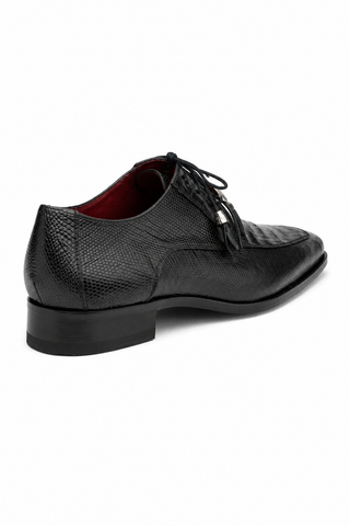 Black Marco Di Milano Merida derby shoe in crocodile and lizard skin with tasseled laces and red leather lining.