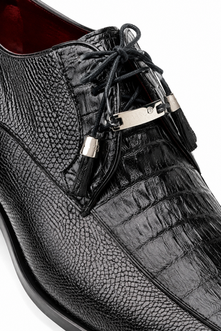 Black Marco Di Milano Merida derby shoe in crocodile and lizard skin with tasseled laces and metal branding.