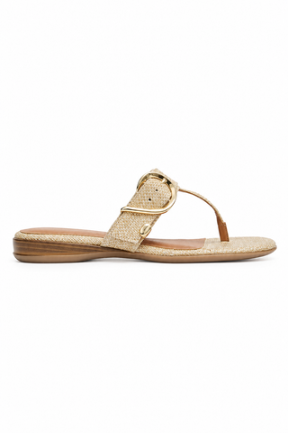 Andre Assous Nix beige raffia summer sandals with buckle, round toe, and 1-inch heel for women